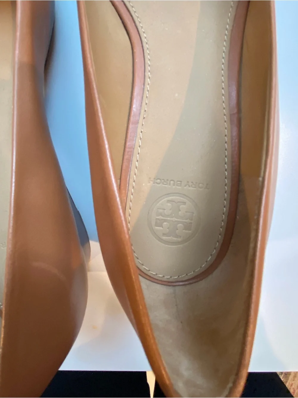 Tory Burch peep toe in camel with wood grain wedge